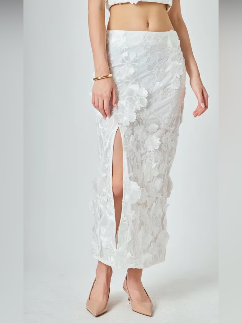 Endless Rose White Appliqué Midi Skirt Sz Small